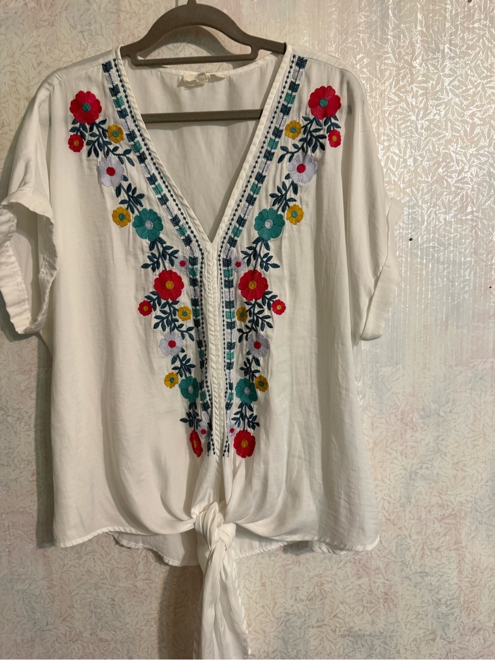 Entro White V-Neck Tie-Front Blouse with Multicolor Floral Embroidery, Breezy, L